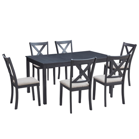 AMERLIFE 7-Piece Farmhouse Dining Table Set with 6 Upholstered Chairs, 60" Space-Saving Dining Table & Chair Set for Dining Room, Kitchen, Small Apartment, Restaurant, Grey & White AMERLIFE