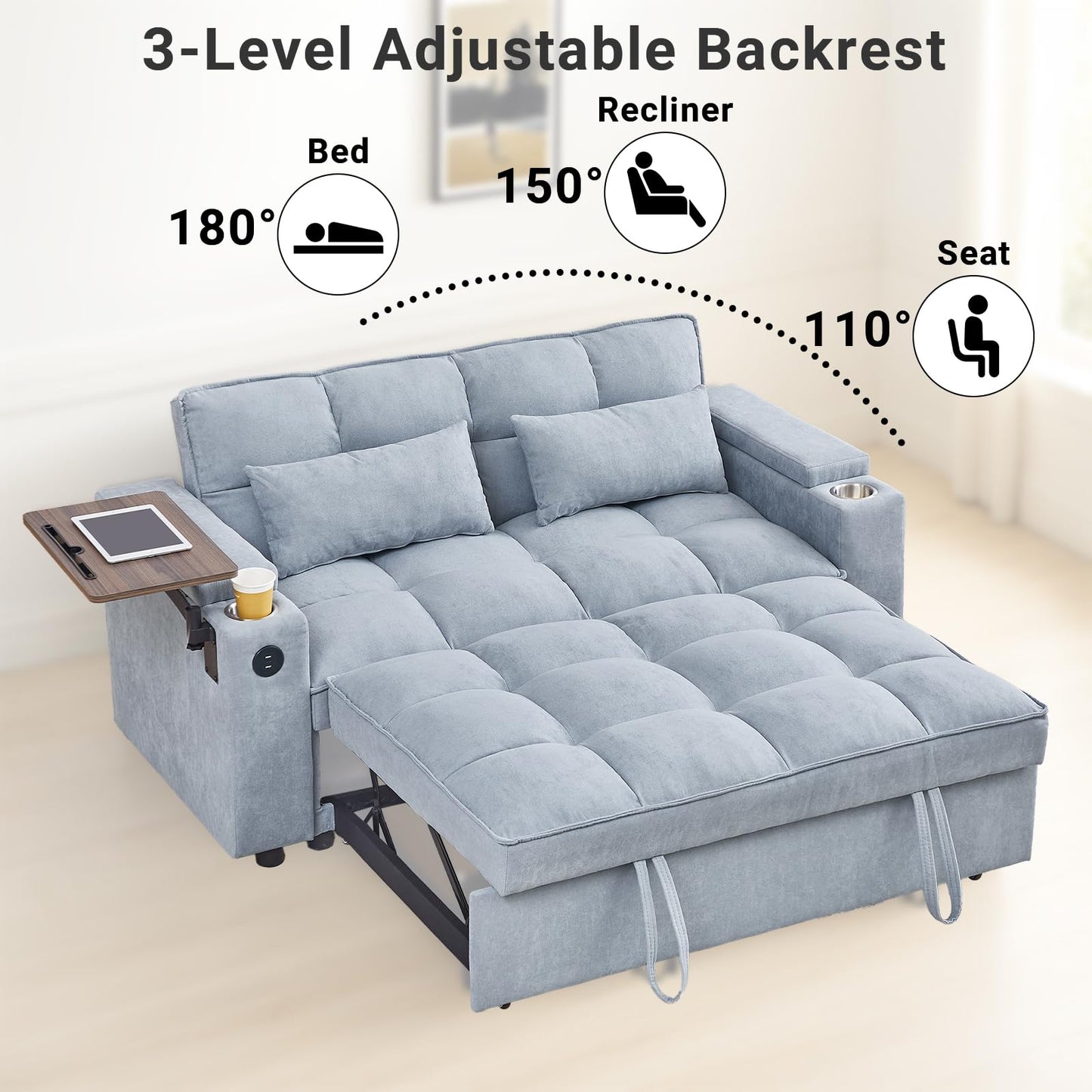 Skepphlay 3 in 1 Sleeper Sofa Bed, Pull Out Couch with Side Table, 65'' Convertible Loveseat with Adjustable Backrest, Chaise Lounge with USB and Type-C Ports for Living Room Office, Light Grey