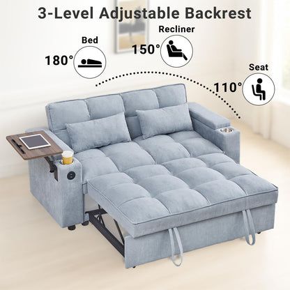 Skepphlay 3 in 1 Sleeper Sofa Bed, Pull Out Couch with Side Table, 65'' Convertible Loveseat with Adjustable Backrest, Chaise Lounge with USB and Type-C Ports for Living Room Office, Light Grey