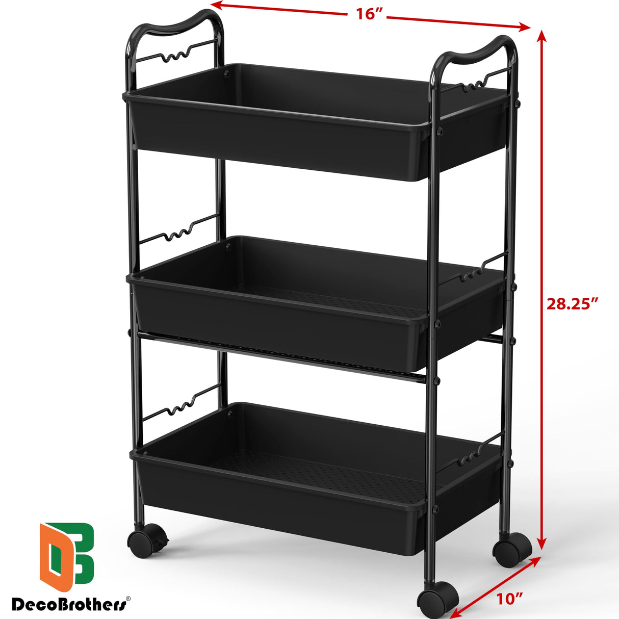 Deco Brothers 3 Tier Metal Rolling Storage Utility Cart with Wheels, Black Deco Brothers