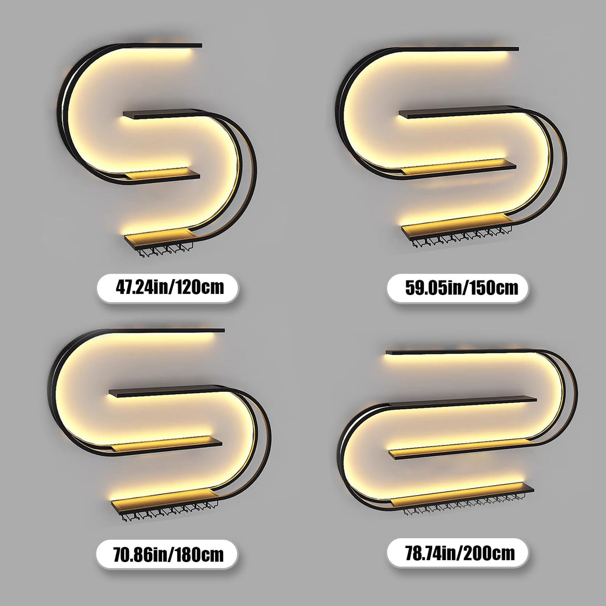 RAJYQODIS 59in Wall Mounted Wine Rack, Floating Bar Shelves 4-Tier，Industrial Metal Bottles Display Storage Shelf, for Home Bar Dining Room Decor, Black (Black, 59.05in/150cm) RAJYQODIS