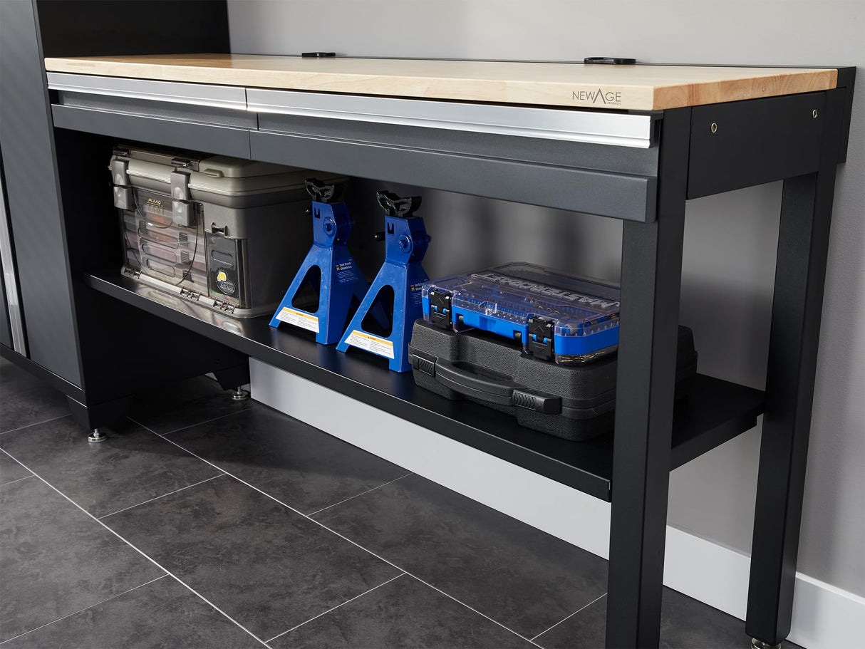 NewAge Products Bold Series Gray All-in-one 4pc Set, 30 in. Locker, Wall Cabinet, 60 in RTA Workbench with Bamboo Worktop, 24-Gauge Heavy Duty Steel Garage Storage Cabinets, 73501 NewAge Products Inc.