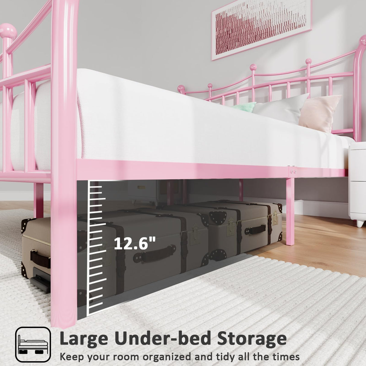 HOMBCK Full Size Metal Bed Frame with Headboard, Pink Bed Frame with Crown Headboard and Footboard, Wrought Iron Art, Under Bed Storage, Mattress Anti-Slip, No Box Spring Needed, Easy Assembly, Pink HOMBCK