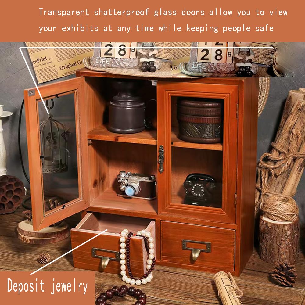 RZGZKLSH Rustic Vintage Mini Wood Counter Top Cabinet, Wall Mount Pine Display Case, Wall Storage Cabinet, Cabinet That Sits on Countertop-Floating Shelf Cabinet Organization12 x4.7"x14"(Brown) RZGZKLSH