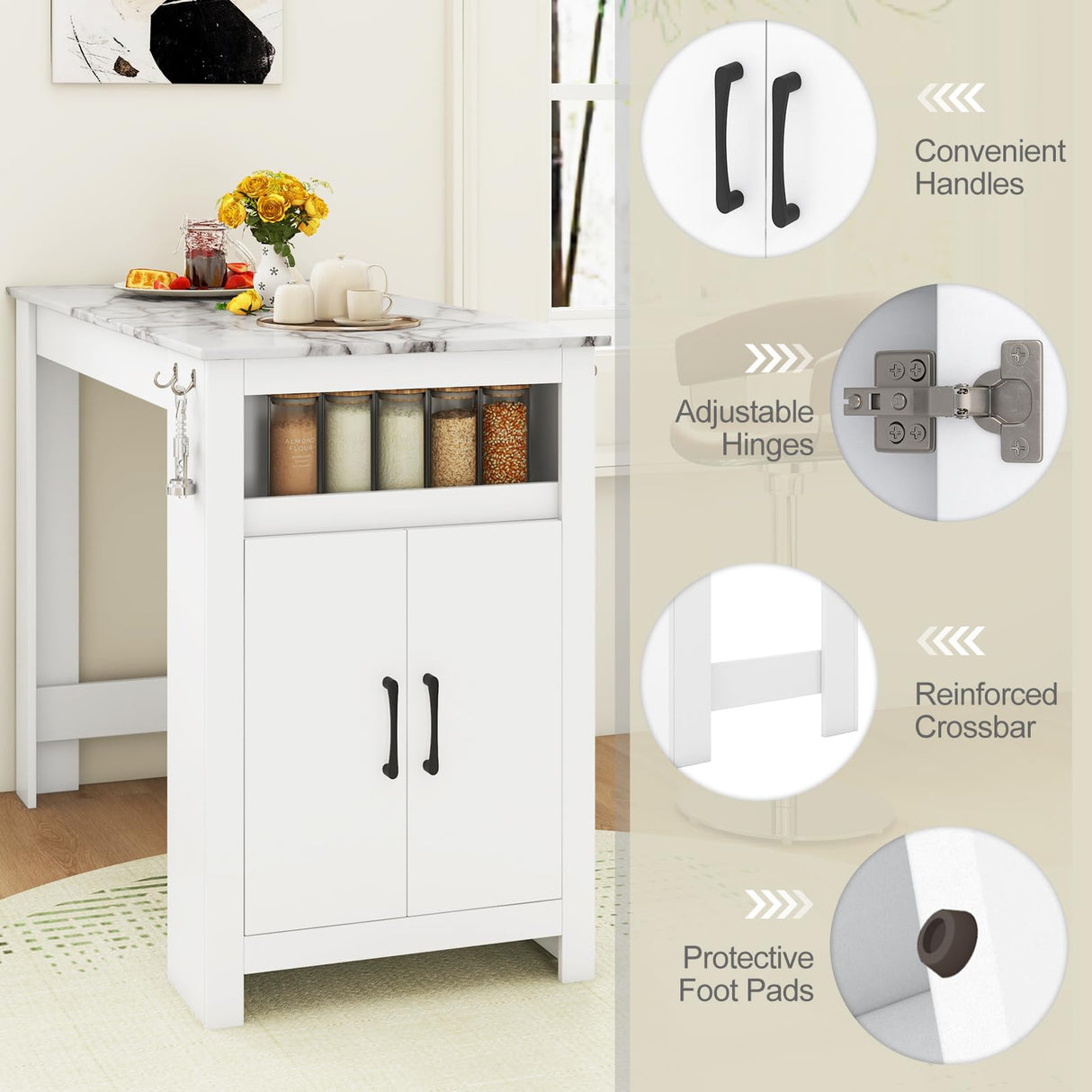 COSTWAY Bar Table, Modern Faux Marble Breakfast Table with 7 Hanging Hooks, Open Compartment, Storage Cabinet & Adjustable Shelf, Counter Height Dining Table for Kitchen, Dining Room, Living Room COSTWAY