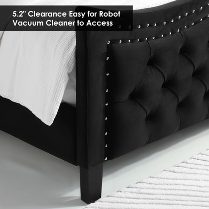 HOSTACK Luxe Velvet King Bed Frame with Tall Headboard and Button Tufting - No Box Spring Required, Sturdy Platform Design, Black - WoodArtSupply