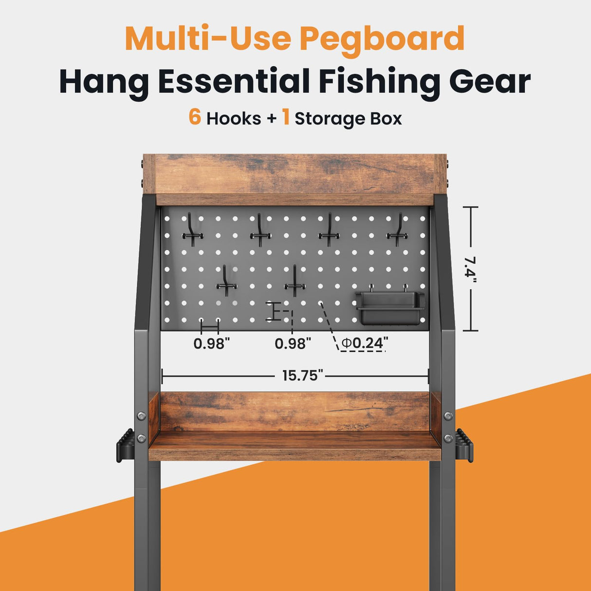 KITIVIALA Fishing Rod Holder for Garage with Hooks & Pegboard, 3-Tier Fishing Pole Rack Holds 12 Rods, Rolling Fishing Rod Storage Organizer with Wooden Tool Box, Fishing Tackle Shelf for Anglers KITIVIALA