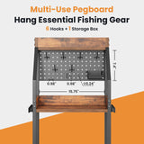 KITIVIALA Fishing Rod Holder for Garage with Hooks & Pegboard, 3-Tier Fishing Pole Rack Holds 12 Rods, Rolling Fishing Rod Storage Organizer with Wooden Tool Box, Fishing Tackle Shelf for Anglers KITIVIALA