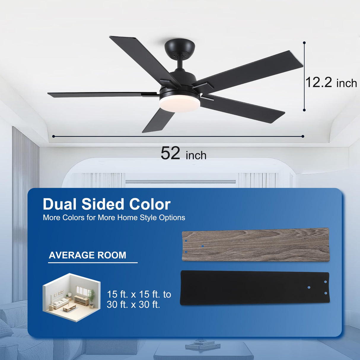 52 Inch Ceiling Fans with Lights and Remote, Black Ceiling Fan with 5 Blades, 6 Speed Reversible DC Motor, 3CCT Dimmable LED, Modern Design for Bedroom, Living room & Covered Outdoor,Includes Downrod Rayqueen