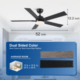 52 Inch Ceiling Fans with Lights and Remote, Black Ceiling Fan with 5 Blades, 6 Speed Reversible DC Motor, 3CCT Dimmable LED, Modern Design for Bedroom, Living room & Covered Outdoor,Includes Downrod Rayqueen