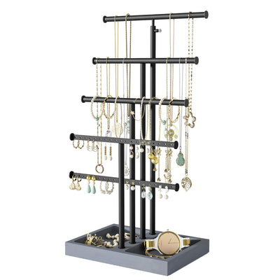 Love-KANKEI Jewelry Organizer Stand,5 Tier Large Necklace Holder with Wood Base,Jewelry holder stand Tree for Display,Bracelets Earrings Rings,Height Adjustable Gift Weathered Grey