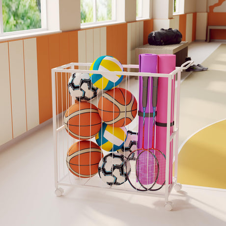 Homsorout Ball Storage Bin Rolling Sports Ball Cart, Metal Garage Organizer Sport Rack, Ball Basket Storage, Ball Cage for Garage or Gym, Indoor & Outdoor Sports Equipment Organizer white Homsorout