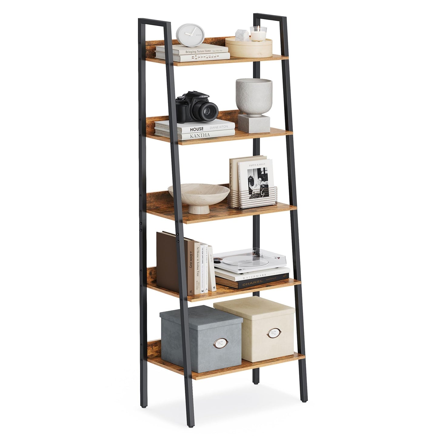 VASAGLE Bookshelf, 5-Tier Narrow Bookcase, Ladder Shelf for Home Office, Living Room, Bedroom, Kitchen, Rustic Brown and Ink Black ULLS067B01