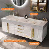 Weibath 59" Wall Mounted Bathroom Vanity Modern Bathroom Vanity with Double Sink & Drawers & Doors Faux Marble Top Weibath
