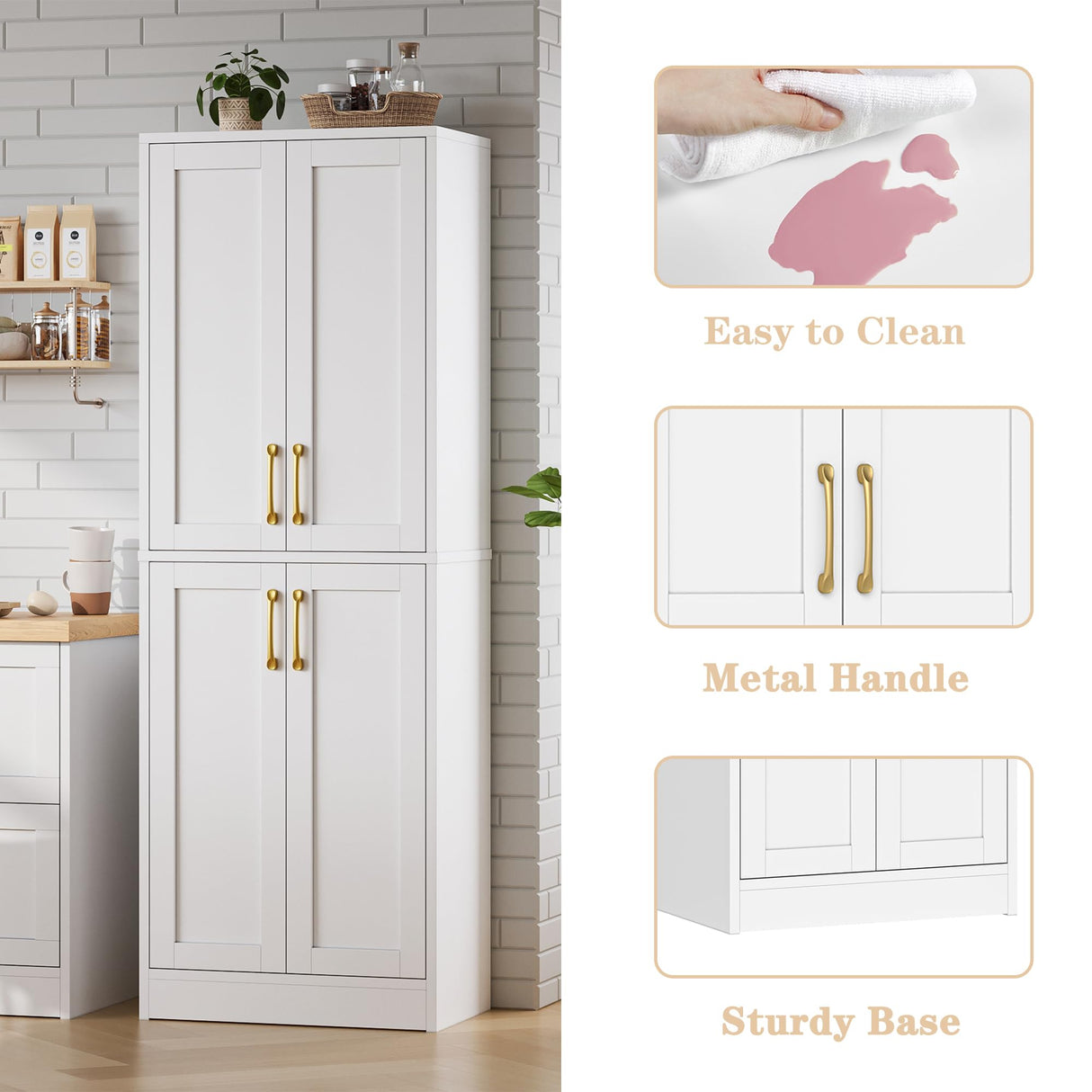 Homzbesy Pantry - Kitchen Pantry Cabinet with 4 Doors and Adjustable Shelves, Tall White Cabinet Freestanding Storage Cupboard for Dining Room Living Room, Laundry, Bathroom Homzbesy