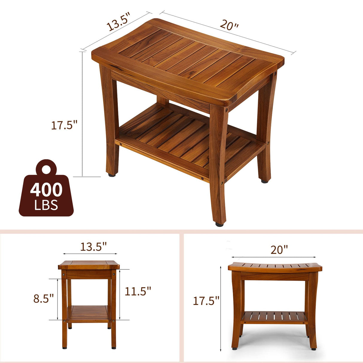 TEAKMAMA 20" Teak Shower Bench Waterproof Wood Shower Chair for Inside Shower Teak Stool with Shelf for Bathroom Sturdy Shower Seat for Elderly, Assembly Required TEAKMAMA