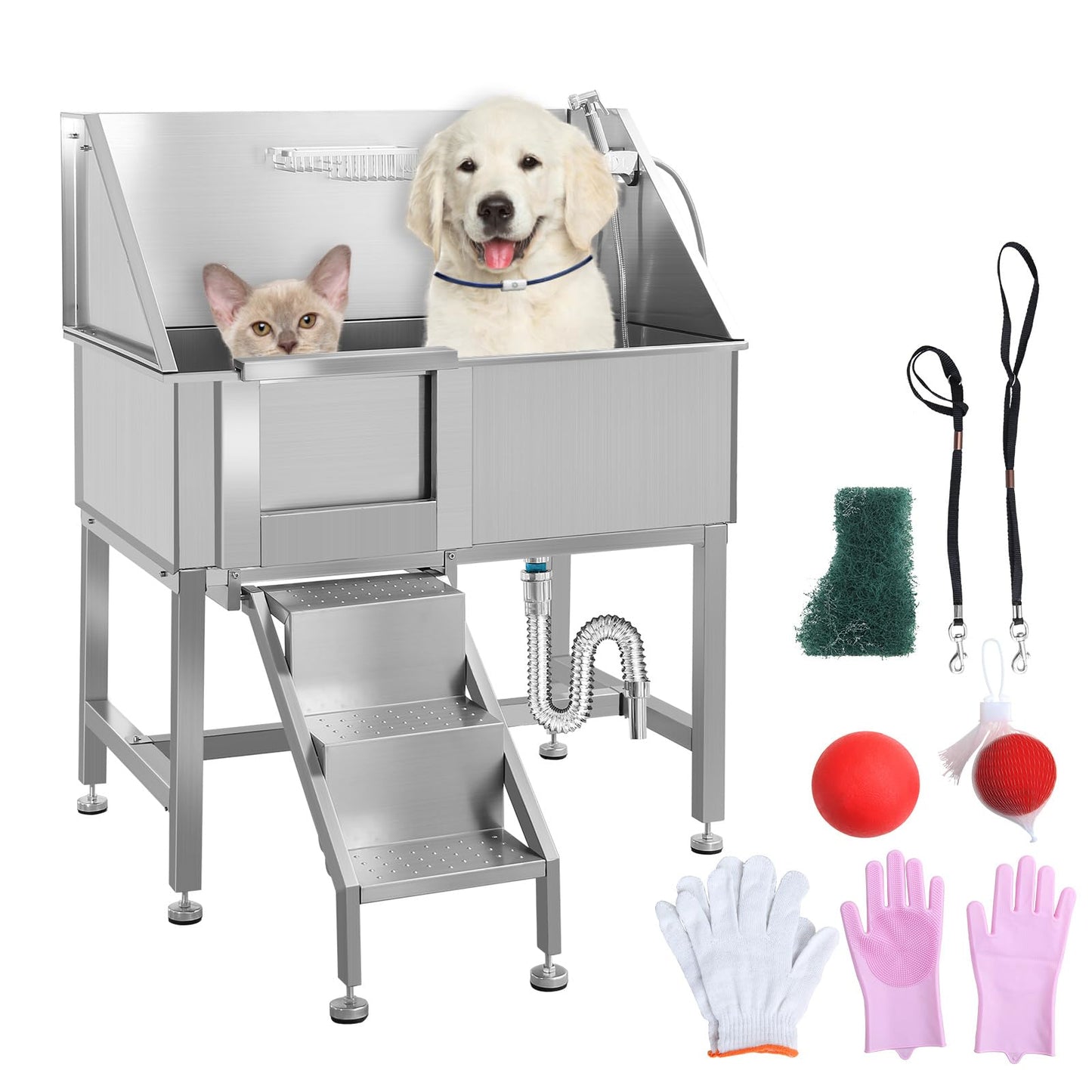 38" Stainless Steel Dog Washing Station for Large Dogs, Dog Grooming Tub for Home, Professional Dog Bathtub Bathing Station, Pet Wash Station, Dog Shower Tub with Stairs, Drain & Door,L-Door