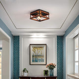 Rustic Farmhouse Flush Mount Light Fixture Two-Light Metal and Wood Square Flush Mount Ceiling Light for Hallway Bedroom Kitchen Entryway, Black Fivess Lighting