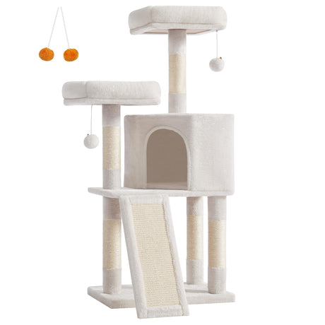 Feandrea Cat Tower, Cat Tree for Indoor Cats, 45.3-Inch Cat Condo with Scratching Post, Ramp, Perch, Spacious Cat Cave, for Kittens, Elderly Cats, Adult Cats, Small Space, Cream White UPCT141W02 Feandrea