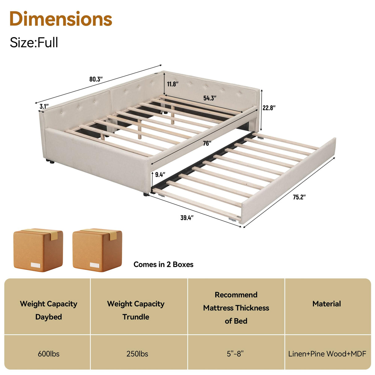 KT Rolster Full Size Daybed with Storage and USB, Modern Cloud Bed Frame with Twin Size Trundle, Linen Upholstered Platform Bed, Full Corner Daybed for Living Room, No Box Spring Required, Beige KT Rolster