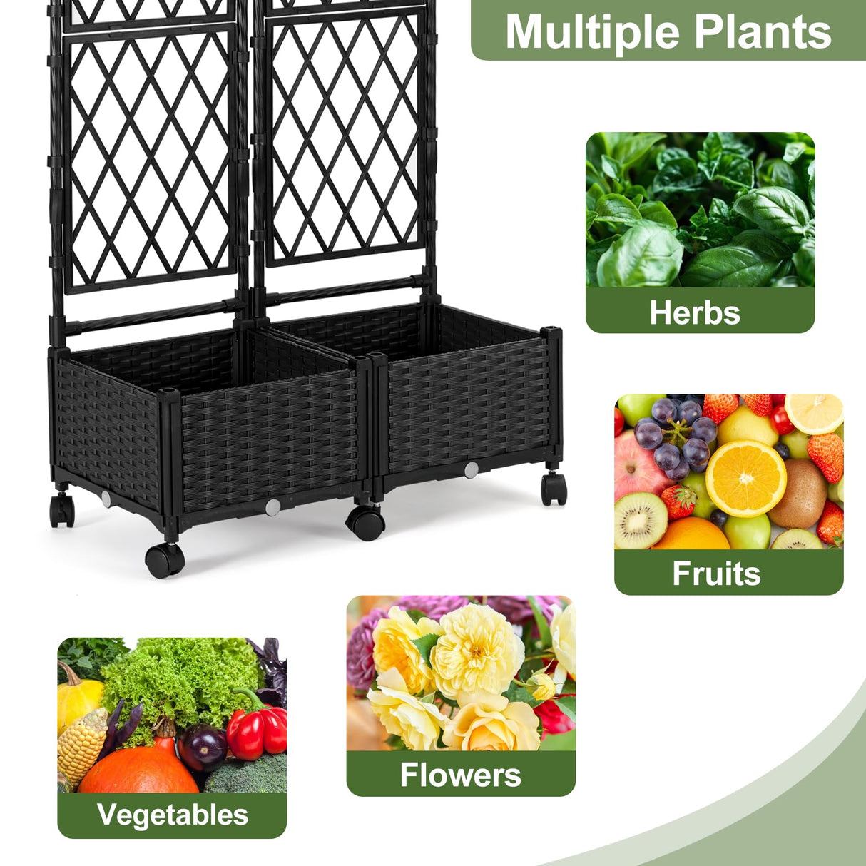 FOLLOOK Planter Box with Trellis, 4ft Tall Self-Watering Plastic Raised Garden Beds and Lattice Trellis with Lockable Wheels & Drain Plug for Outdoor Patio Backyard Balcony, Black, 2 Pcs FOLLOOK