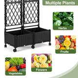 FOLLOOK Planter Box with Trellis, 4ft Tall Self-Watering Plastic Raised Garden Beds and Lattice Trellis with Lockable Wheels & Drain Plug for Outdoor Patio Backyard Balcony, Black, 2 Pcs FOLLOOK