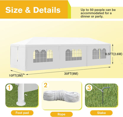 Veryke 10' x 30' Party / Wedding Tent with 8 Removable Sidewalls, White Patio Canopy Tent, Outdoor Patio Gazebo with Spiral Tubes, Waterproof (10' x 30' / 8 Sidewalls)