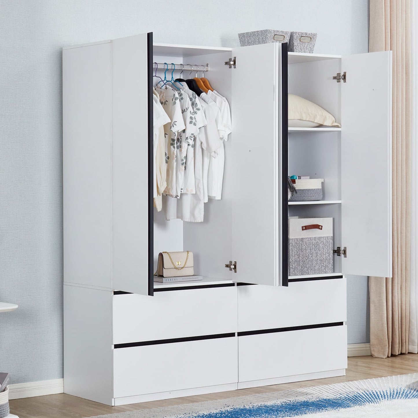 ModMakers 74.2" Tall 4-Doors 4 Drawers White Wardrobe Armoire Closet, Wood Minimalist Freestanding Storage Cabinet for Bedroom Bathroom with Hanging Rod Shelf, Wooden Clothes Shoes Organizer