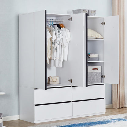 ModMakers 74.2" Tall 4-Doors 4 Drawers White Wardrobe Armoire Closet, Wood Minimalist Freestanding Storage Cabinet for Bedroom Bathroom with Hanging Rod Shelf, Wooden Clothes Shoes Organizer - WoodArtSupply