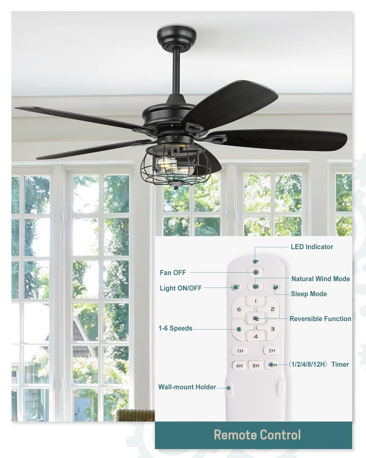 Farmhouse Ceiling Fan, 52Inch Ceiling Fans with Lights and Remote Control, Rustic Barnwood Blades, Industrial Cage Light, Matte Black, MK03-BK Melkelen