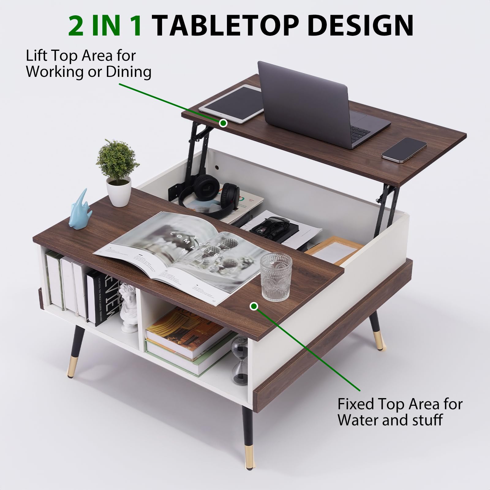 TOPSKY Lift Top Coffee Table, Square Coffee Table with Storage Shelves (Light Walnut) - WoodArtSupply