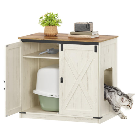 Hzuaneri Cat Litter Box Enclosure Enclosed, Hidden Litter Box Furniture Cabinet Large, Wooden Indoor Cat House with Adjustable Shelf for Top Entry Litter Box, Farmhouse Rustic Brown and White CB85414X Hzuaneri