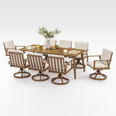 SEEHILL 9 Pieces Patio Dining Set for 8, Outdoor Aluminum Dining Furniture Set with Umbrella Hole, All-Weather Outdoor Patio Table Sets with 8 Swivel Chairs and Table for Deck Backyard Poolside, Teak