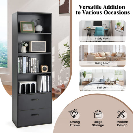 CHEFJOY 4-Tiers Bookcase, 74” Tall Book Shelf Craft Storage Cabinet with 2 Slide Drawers & 4 Open Shelves, Modern Wood Craft Book Shelf for Bedroom, Living Room (Black) CHEFJOY