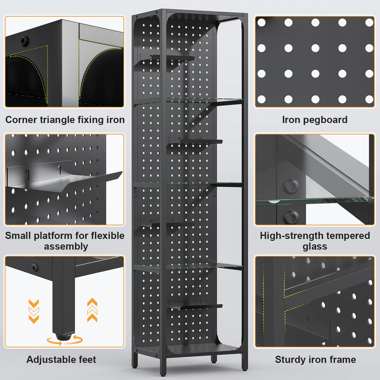 Saudism Glass Display Shelf for Collectibles, LED Black Shelf, Curio Cabinet, Lighted Tall Narrow Shelf with Pegboard Steel Frame for Gaming Room, Floor Lamp with Shelves, Living Room, Bedroom, Small Saudism