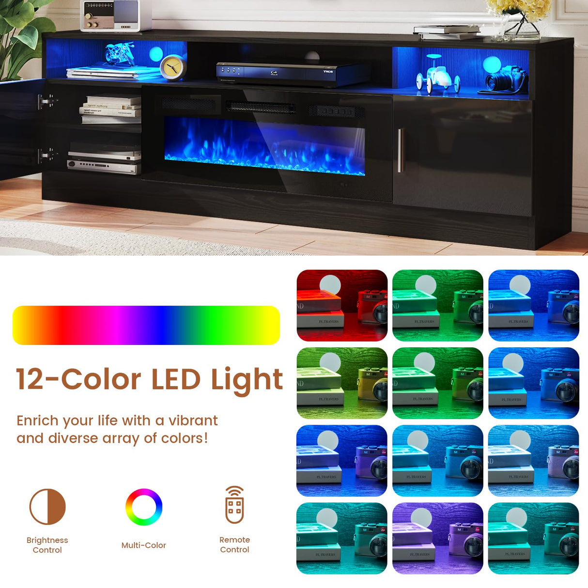 Breezestival 70" Fireplace TV Stand with Two Hinged Doors for TVs UP to 80", Electric Fireplace Entertainment Center with LED Lights & Storage Cabinets, TV Console for Living Room, Black Breezestival