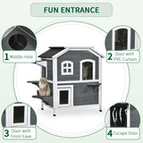 PawHut 2-Story Cat House Outdoor, Weatherproof Wooden Cat Enclosure for Feral Cats with Escape Door, Openable Roof, Jumping Platforms, Gray PawHut