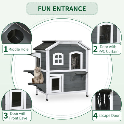 PawHut 2-Story Cat House Outdoor, Weatherproof Wooden Cat Enclosure for Feral Cats with Escape Door, Openable Roof, Jumping Platforms, Gray - WoodArtSupply