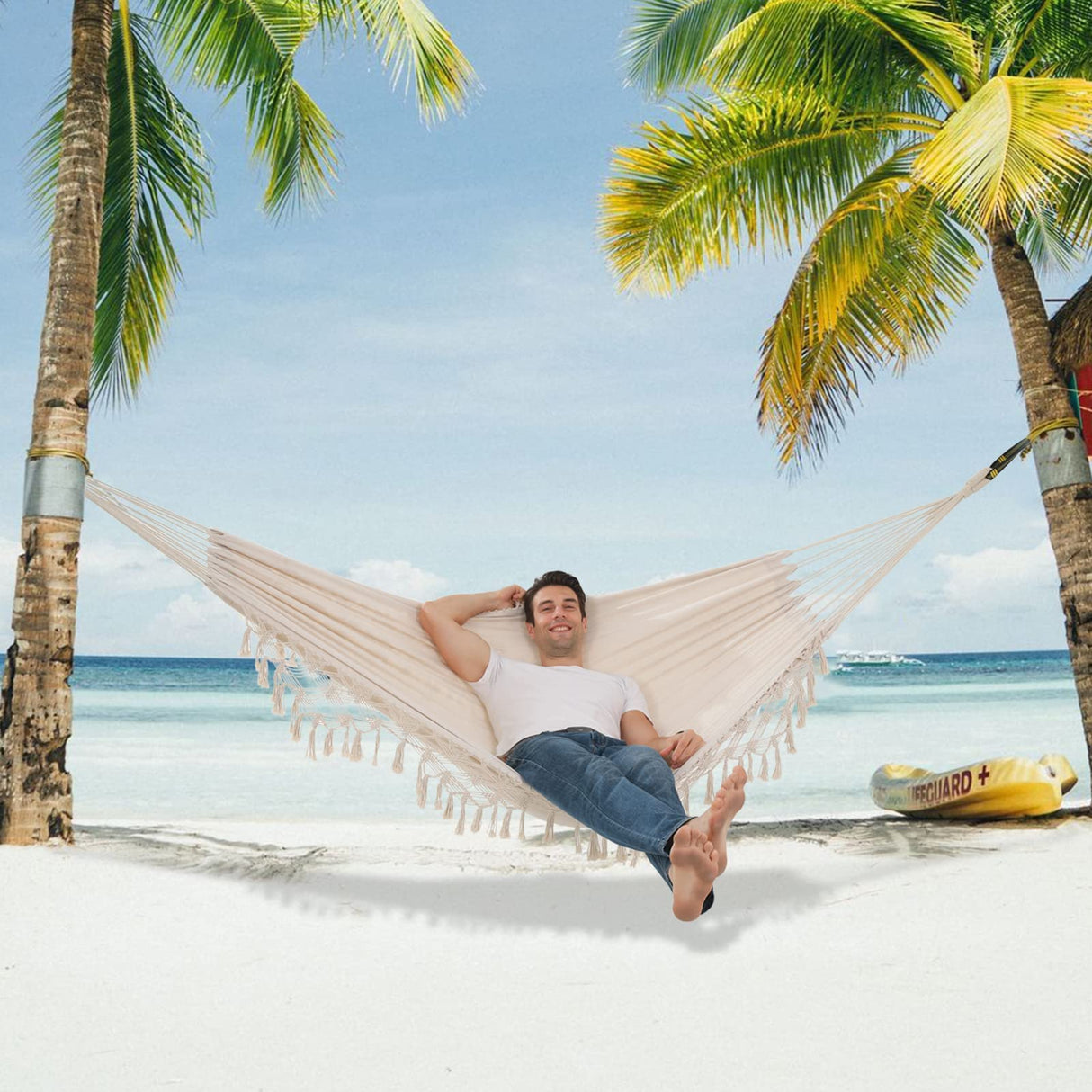 SXSEAGLE Hammock Hanging Swing Double Max 500lbs Macrame for Indoor Outdoor Patio Yard Garden (Beige) SXSEAGLE