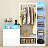Dresser with Hanging Rack, 3 Drawers Dresser with Charging Station & LED Lights, 55" Chest of Drawers with Open Storage & Adjustable Shelves for Clothes, White Modern Dresser for Bedroom, Closet Gyfimoie