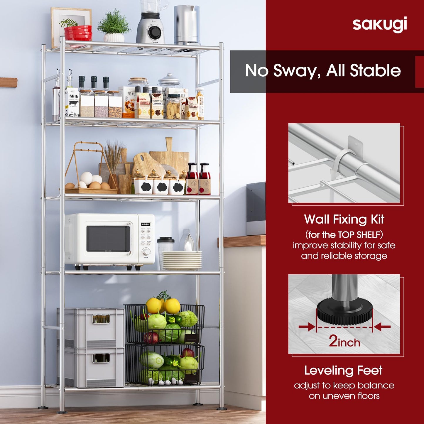 Sakugi Storage Shelves - 5 Tier Shelf Organizer, Heavy Duty Garage Shelving Unit with Leveling Feet, Stable Metal Shelves Organizer for Pantry, Kitchen and Closet, 33.1" W X 12.6" D X 72.0" H, Silver