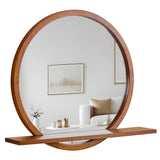 AGATEO Solid Wood Wall Mirror with Shelf – Round Wood Frame Mirror for Entryway, Bathroom or Living Room – Handcrafted Look – 24 Inch AGATEO
