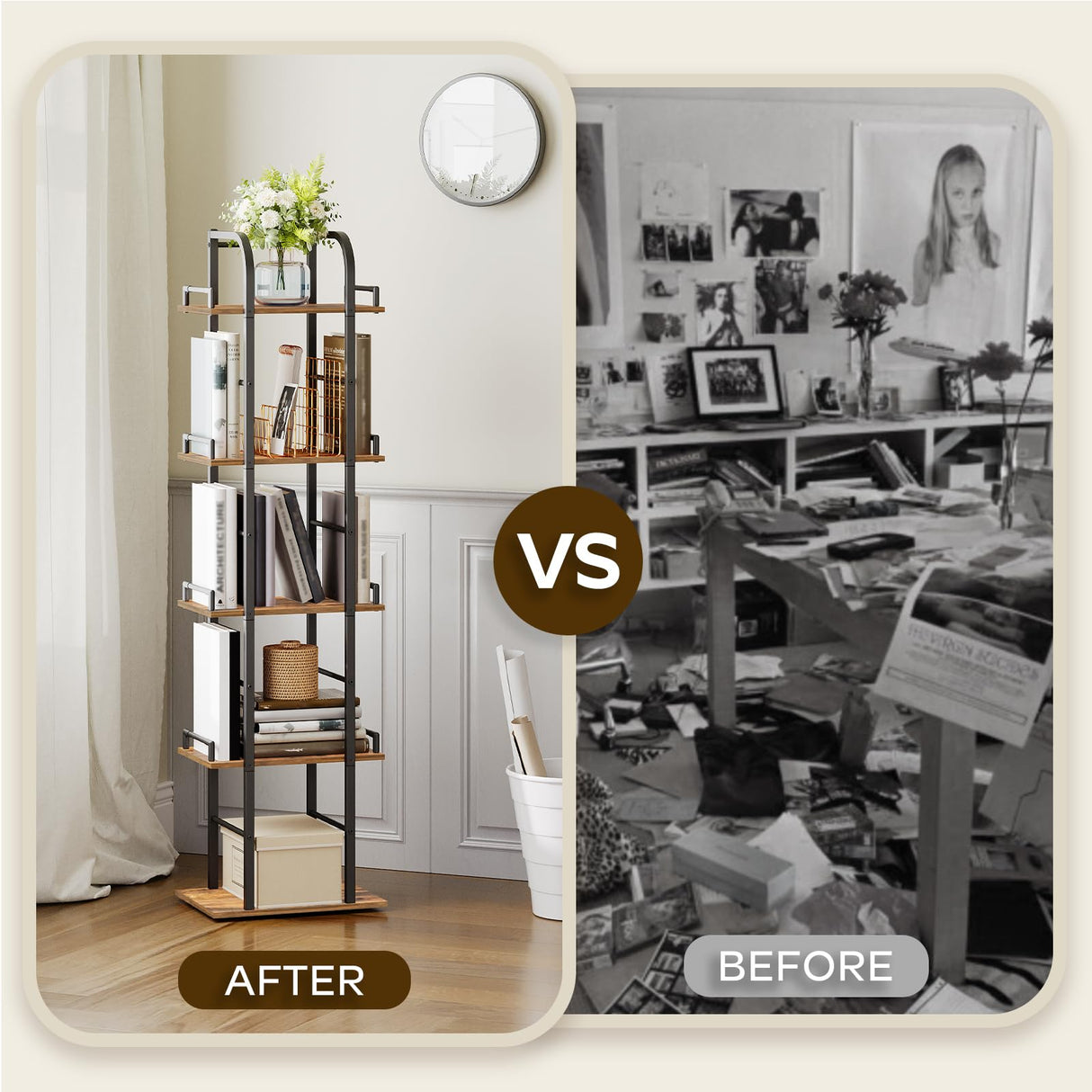 YATINEY Rotating Bookshelf, 5 Tier Spinning Bookcase Tower, 360 Display Narrow Bookshelf, Tall Industrial Corner Shelf Organizer, Storage Shelf Bookcase for Living Room, Rustic Brown and Black SJ02BR YATINEY