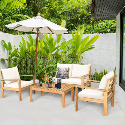 Tangkula Outdoor 4-Piece Acacia Wood Chat Set, 4 Seater Acacia Wood Conversation Sofa and Table Set with Water Resistant Cushions, Teak Finished (1, White) - WoodArtSupply