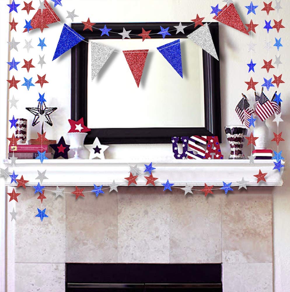 Decor365 Red Blue White/Silver Star Garland Triangle Pennant Banner Kit 4th/Fourth of July USA America Independent Day Celebration Decor Party Hanging Decoration for Bithday/Wedding/Home/Cavinal/Home Decor365