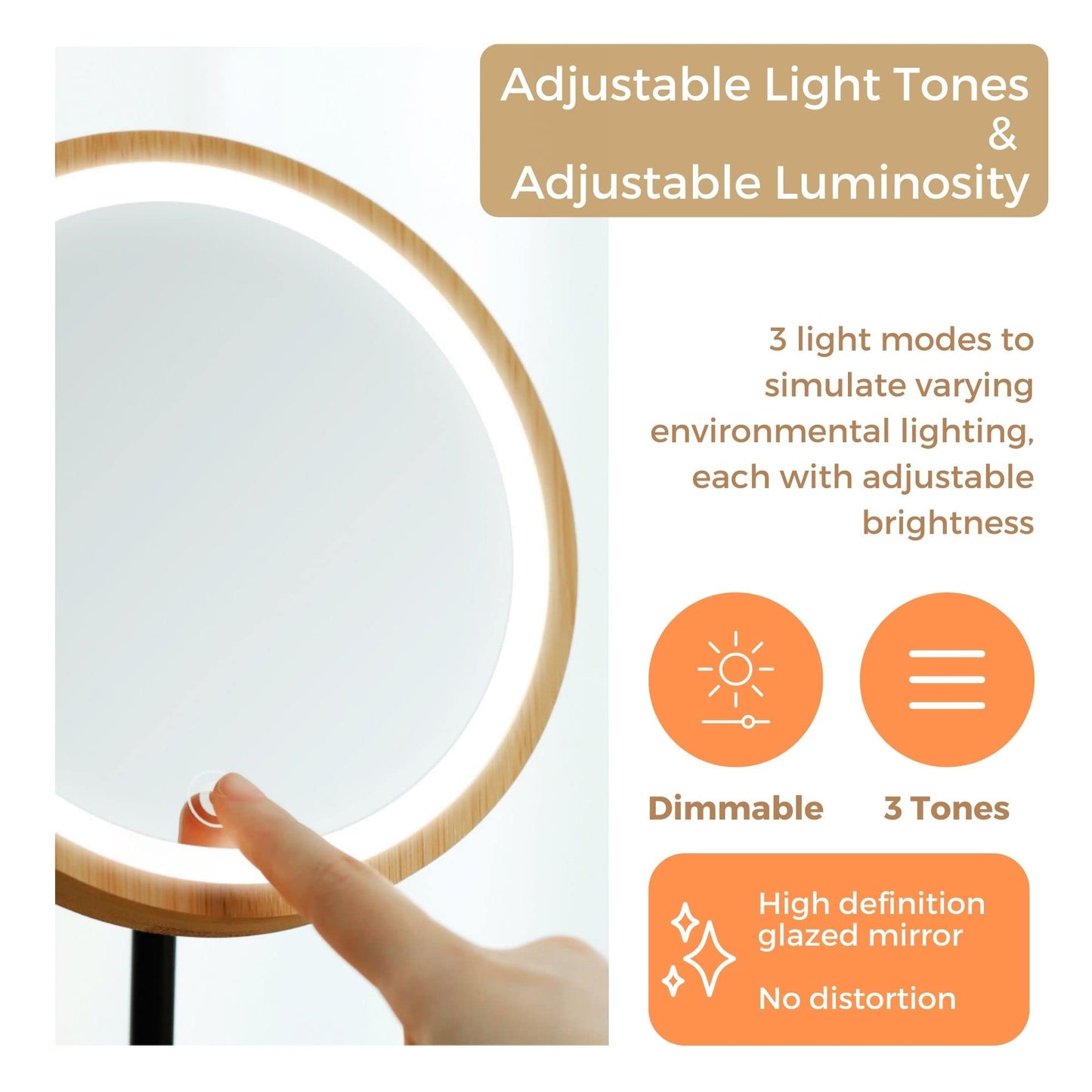 Kimikata LED Lighted Makeup Mirror Vanity Light Up Mirror with 3 Lights, Cordless USB Rechargeable Battery, Rotation, Small Bamboo Wood Beauty Storage Organizer, Tabletop Stand, Circular Ring - WoodArtSupply