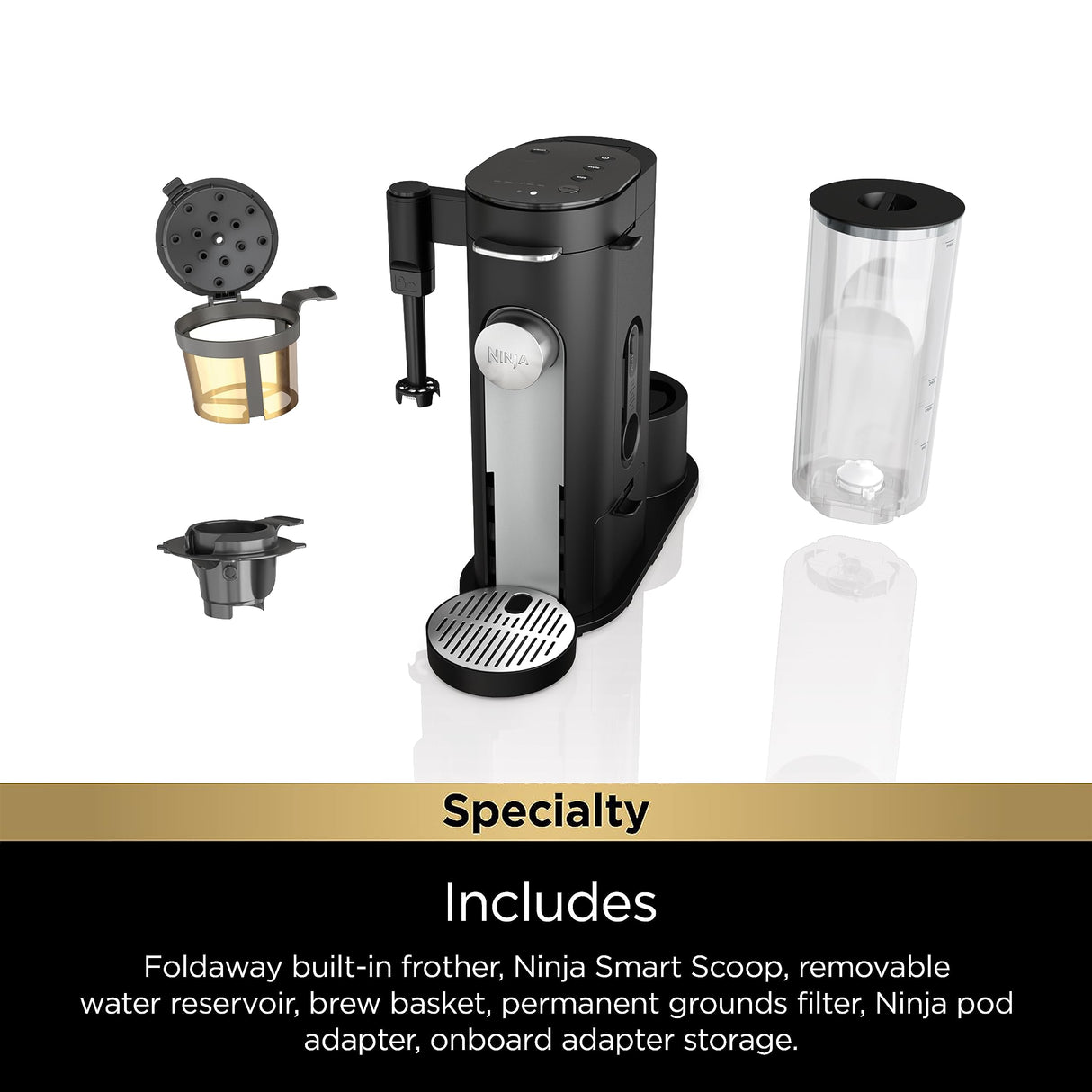 Ninja Pod & Grounds Specialty Single-Serve Coffee Maker, K-Cup Pod Compatible, Brews Grounds, Compact Design, Built-In Milk Frother, 56-oz. Reservoir, 6-oz. Cup to 24-oz. Mug Sizes, Black, PB051 Ninja