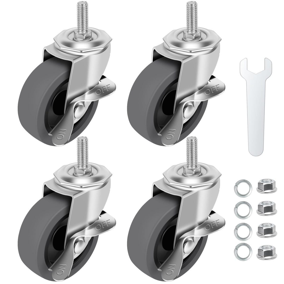WHARSTM Caster Wheels, 3" Locking Swivel Stem Casters Set with Brake of 4, 3/8"-16 x 1" (Screw Diameter 3/8", Length 1")Rubber Casters with 360 Degree No Noise Wheels WHARSTM