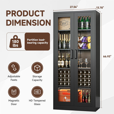 PEUKC Display Cabinet with Glass Doors, 67-inch Curio Cabinets with 4 Adjustable Shelves, HD&Tempered Glass Cabinet Display Case for Home, Office, Clinic, Pantry, Assemble Required, Black PEUKC