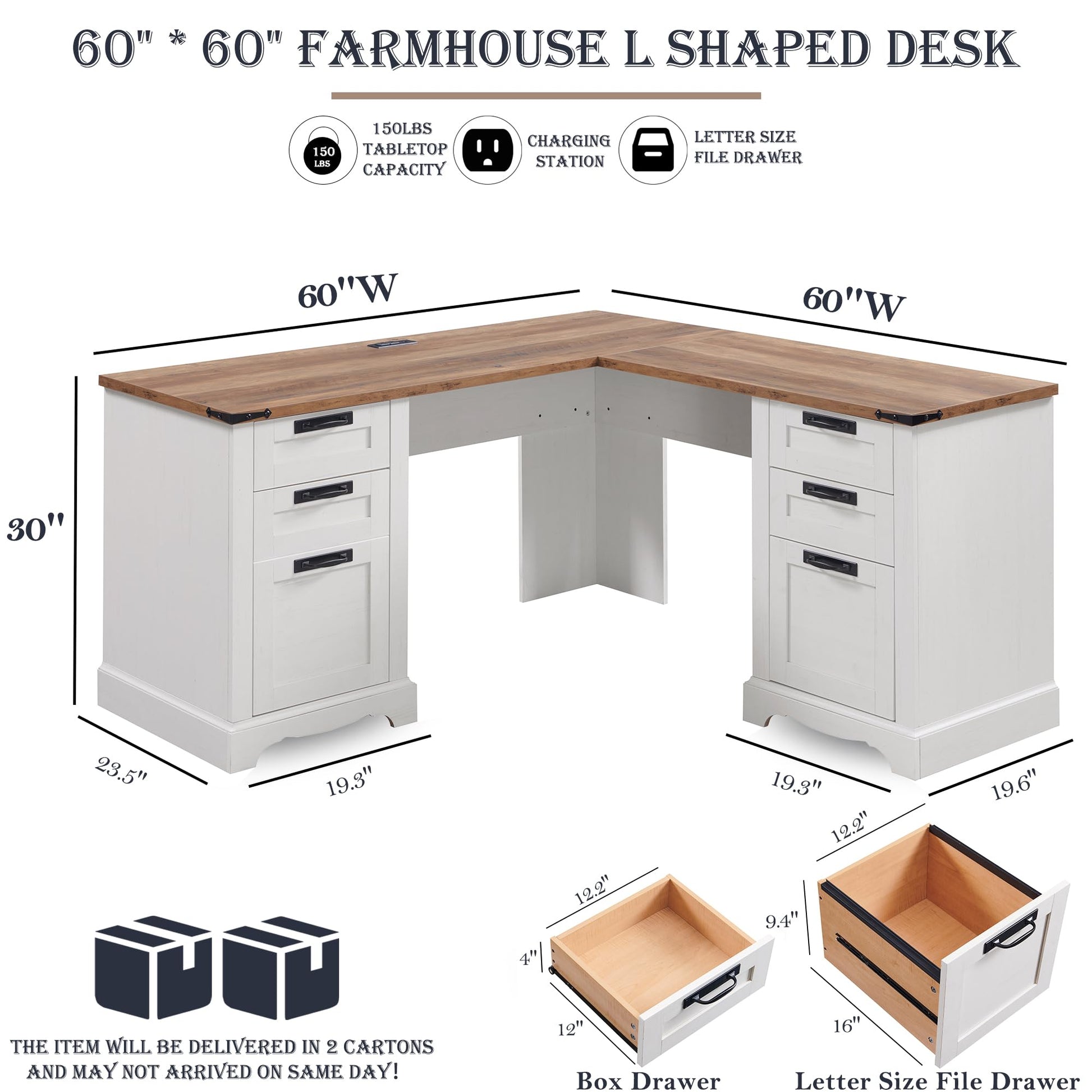 RedLemon 60" Farmhouse L Shaped Executive Desk with Drawers, Wood Home Office Corner Desk with Charging Station, File Drawer, Storage Cabinet, Rustic Computer Writing Desk (Antique White) - WoodArtSupply